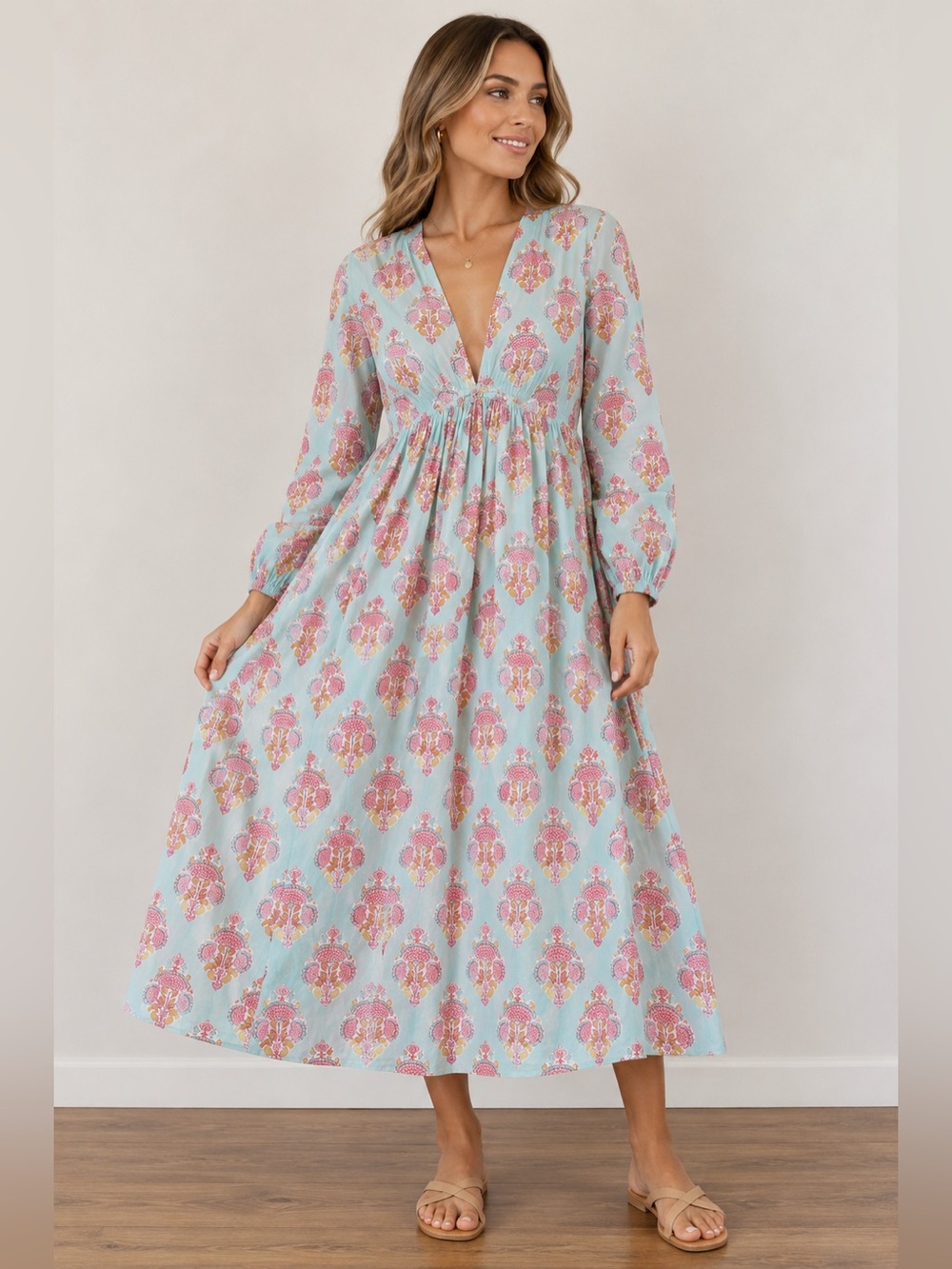 Just Donny Aqua Pink Block Print Cotton Midi Dress size S Boho Resort